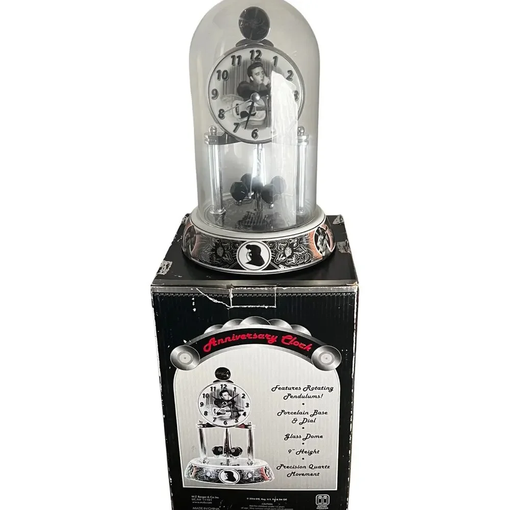 ELVIS PRESLEY Silver Anniversary Clock Porcelain Base Rotate Glass Dome